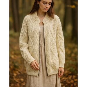 VTG Handmade Wool Fisherman Zip Sweater Unisex L/XL Chunky Knit Aran Cardigan